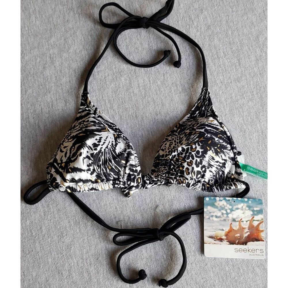 SEEKERS AUSTRALIA BLACK WHITE GOLD ANIMAL PRINT BIKINI TOP NWT